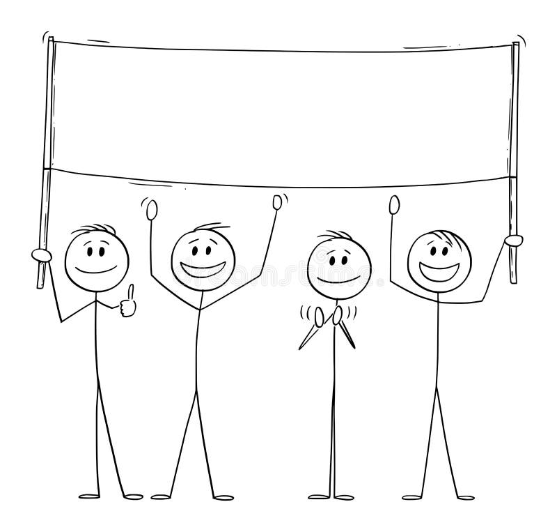 Grupo de personas que sostienen el cartel vacío y celebrar el vector de dibujos animados figura ilustración stock de ilustración