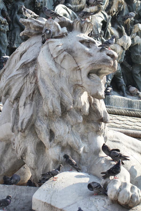 Grupo de pombos na estátua maravilhosa do leão em Piazza Duomo de Milão Itália, sujo da merda pooping do pássaro imagem de stock Grupo de pombos na estátua maravilhosa do leão em Piazza Duomo de Milão Itália, sujo da merda pooping do pássaro imagem de stock
