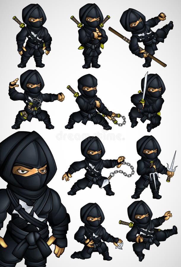 ninja de desenho animado preto define 12 com seis poses diferentes 3381499  Vetor no Vecteezy