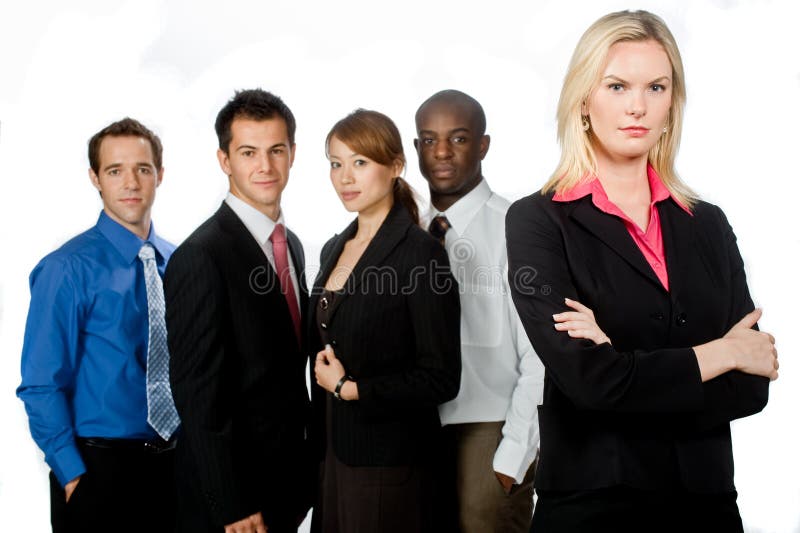An attractive caucasian businesswoman and her team of professionals standing together on white background. An attractive caucasian businesswoman and her team of professionals standing together on white background