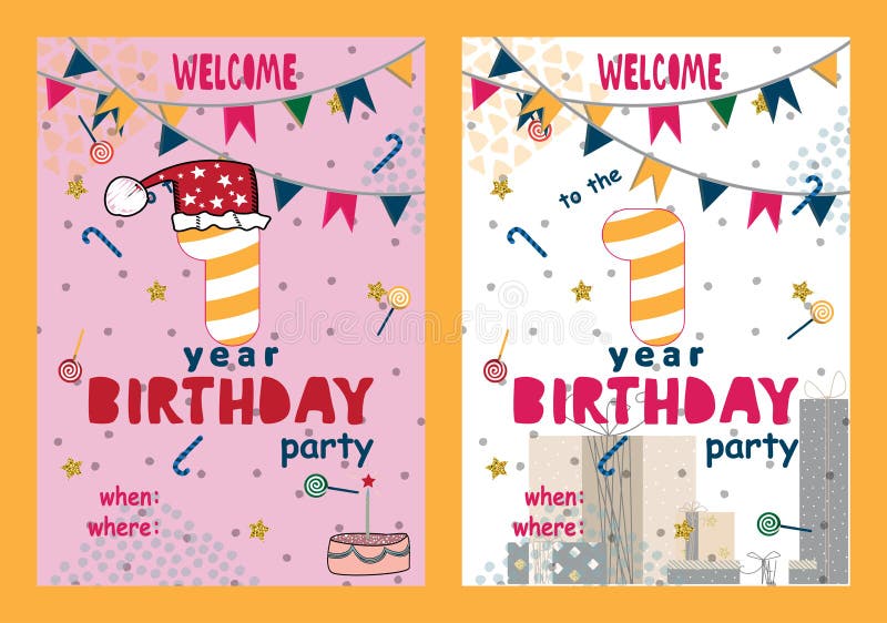 Grupo de projeto de cartões do feliz aniversario para o bebê do bebê de um ano ilustração do vetor Grupo de projeto de cartões do feliz aniversario para o bebê do bebê de um ano ilustração do vetor