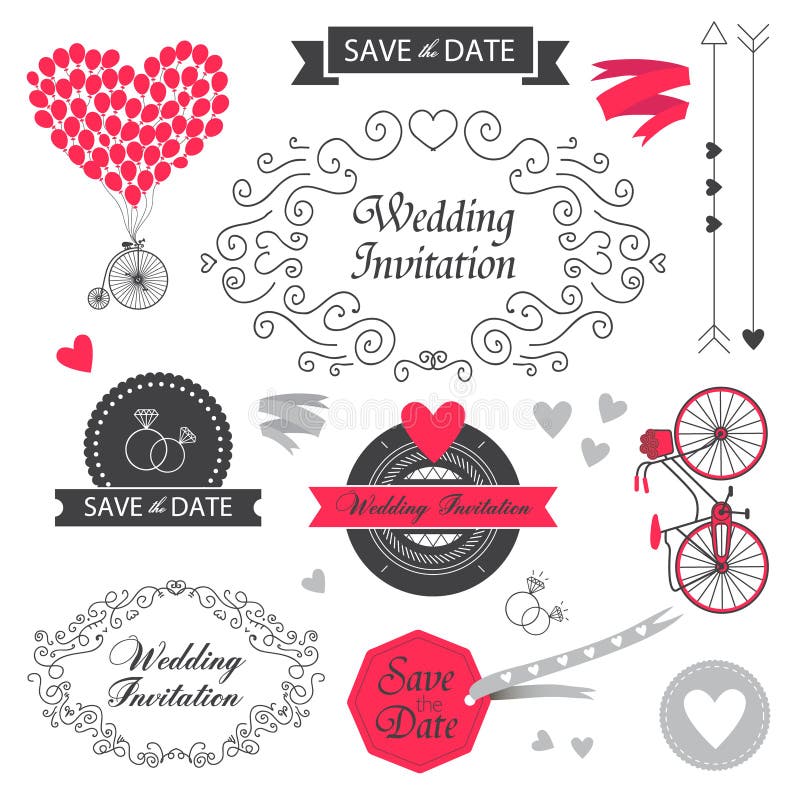 Set of vector vintage, hand drawn wedding invitation design elements. Set of vector vintage, hand drawn wedding invitation design elements