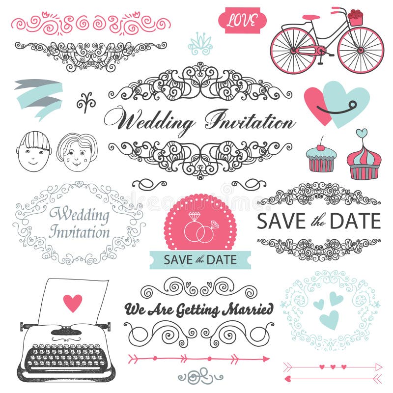 Set of vector vintage, hand drawn wedding invitation design elements. Set of vector vintage, hand drawn wedding invitation design elements