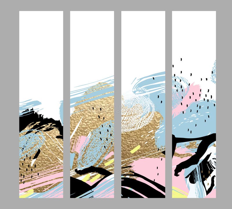 Grupo de quatro cartões criativos artísticos com elementos tirados mão das formas e das texturas do ouro no fundo branco moderno ilustração stock Grupo de quatro cartões criativos artísticos com elementos tirados mão das formas e das texturas do ouro no fundo branco moderno ilustração stock