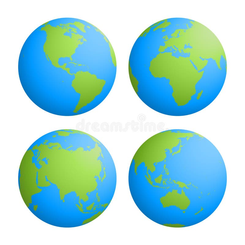 Grupo de quatro globos da terra do planeta com o mapa verde da silhueta da terra no fundo da água azul ilustração do vetor 3d