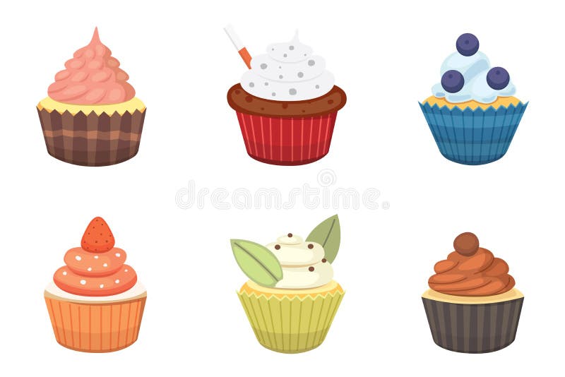 Grupo de queques bonitos e de queques do vetor Queque colorido isolado para o projeto do cartaz do alimento ilustração stock Grupo de queques bonitos e de queques do vetor Queque colorido isolado para o projeto do cartaz do alimento ilustração stock