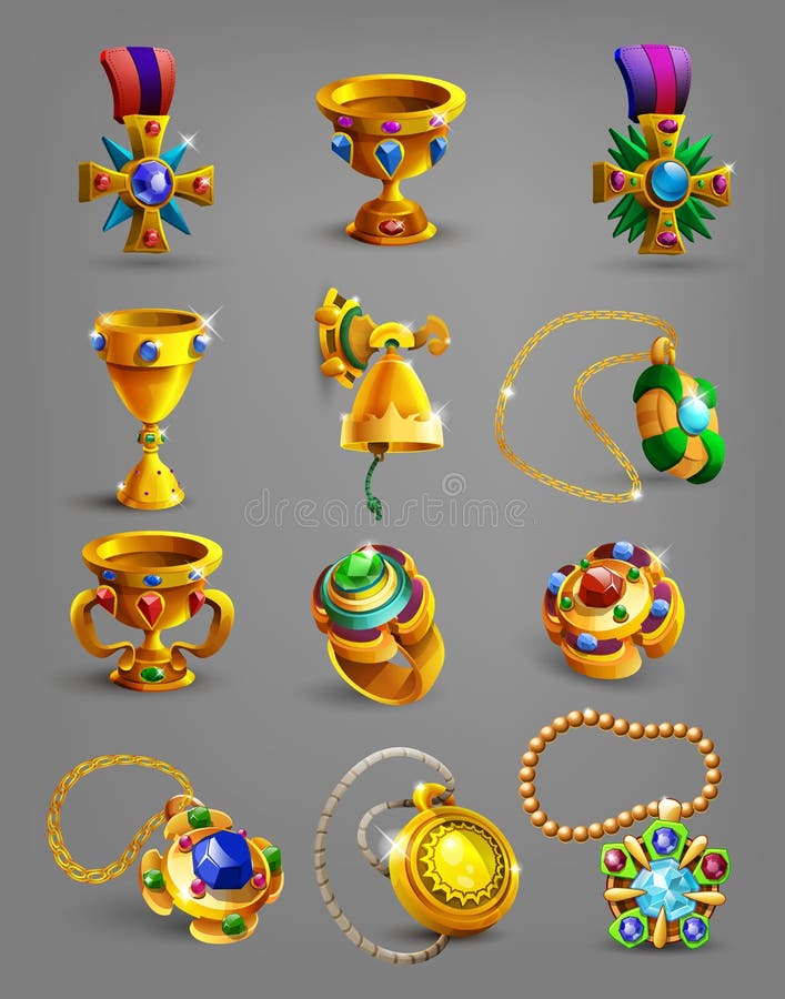 Grupo de recompensa, de tesouro, de realização e de símbolo do ouro ilustração stock Grupo de recompensa, de tesouro, de realização e de símbolo do ouro ilustração stock