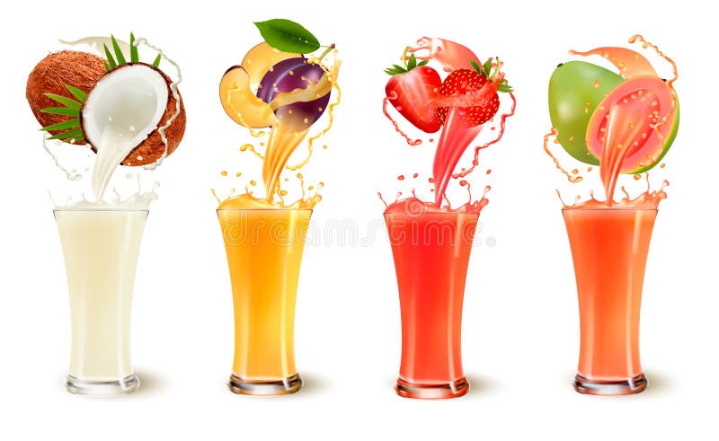 Set of fruit juice splash in a glass. Coconut, plum, strawberry and guava. Vector. Set of fruit juice splash in a glass. Coconut, plum, strawberry and guava. Vector