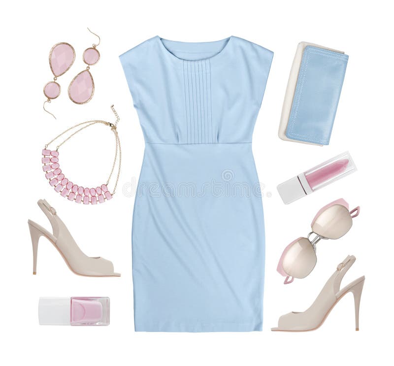 Grupo de roupa e de acessórios das mulheres do verão isolados no branco imagem de stock Grupo de roupa e de acessórios das mulheres do verão isolados no branco imagem de stock