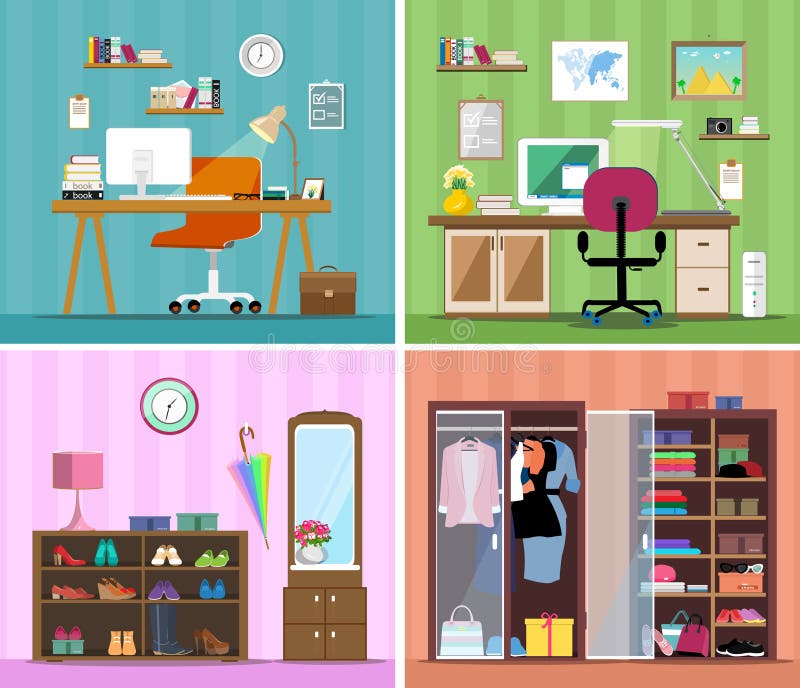 Grupo de salas coloridas da casa do design de interiores do vetor com ícones da mobília: lugar de funcionamento com computador, e ilustração do vetor Grupo de salas coloridas da casa do design de interiores do vetor com ícones da mobília: lugar de funcionamento com computador, e ilustração do vetor