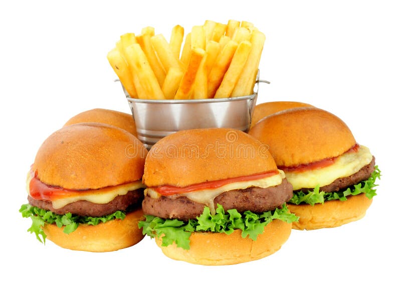 Group of cheeseburger sliders in brioche bread buns and French fries on a white background. Group of cheeseburger sliders in brioche bread buns and French fries on a white background