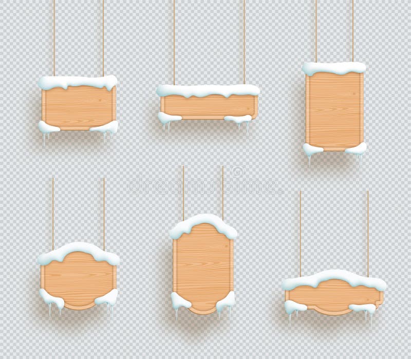 Set of 6 winter themed wooden hanging board frames with snow, icicles and realistic wood grain texture and empty space for text on a transparent background made in illustrator. Set of 6 winter themed wooden hanging board frames with snow, icicles and realistic wood grain texture and empty space for text on a transparent background made in illustrator