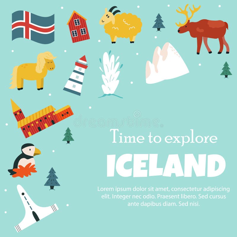 Grupo de símbolos e de atrações turísticas de Islândia ilustração do vetor