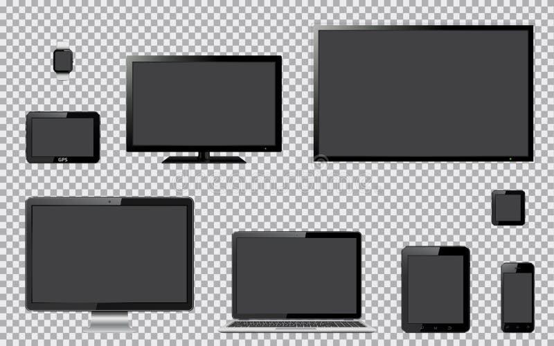 Grupo de tevê realística, de monitor do computador, de portátil, de tabuleta, de telefone celular, de relógio esperto e de navega ilustração do vetor Grupo de tevê realística, de monitor do computador, de portátil, de tabuleta, de telefone celular, de relógio esperto e de navega ilustração do vetor