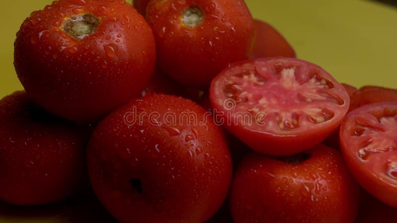 Grupo de tomates rojos muy nutritivos y de aspecto fresco salpicados con gotas de agua almacen de video