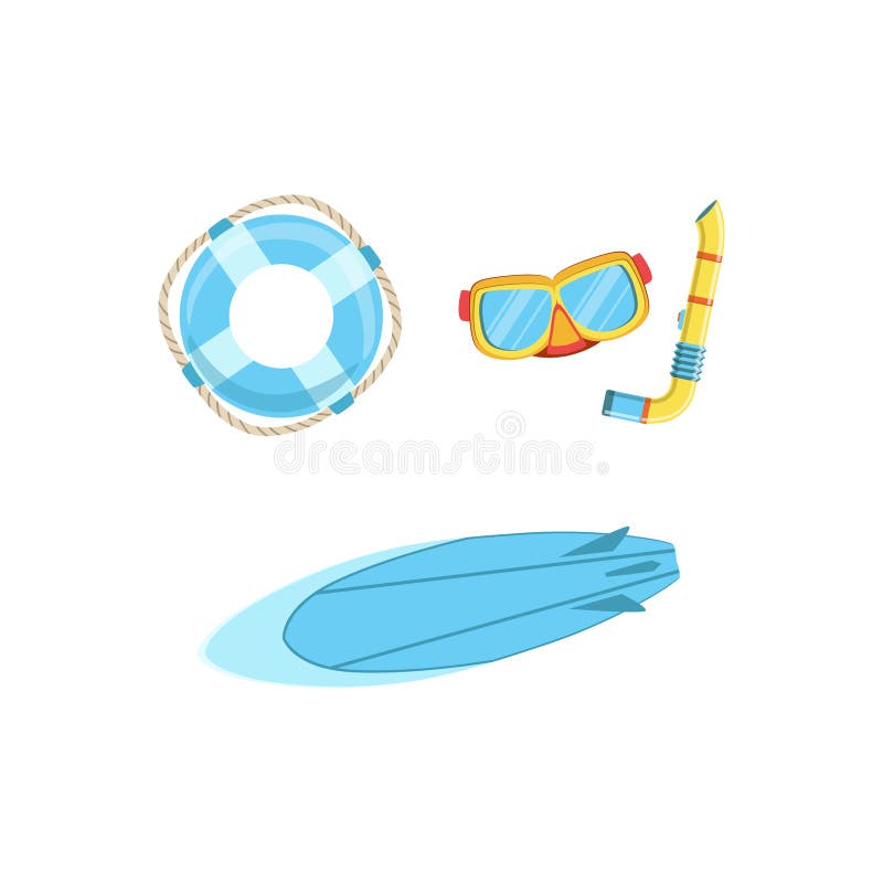 Grupo de Watersports Euipment com máscara, tubo de respiração, prancha e boia ilustração stock Grupo de Watersports Euipment com máscara, tubo de respiração, prancha e boia ilustração stock