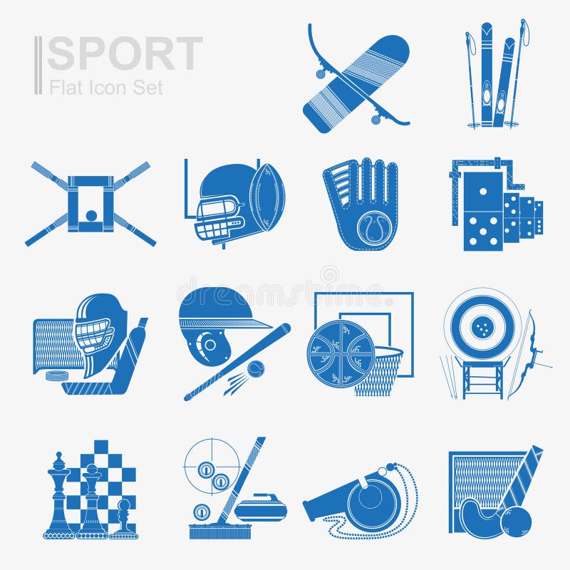 Grupo de ícone liso do esporte do projeto com inventário azul isolado e material desportivo do esporte da silhueta ilustração royalty free Grupo de ícone liso do esporte do projeto com inventário azul isolado e material desportivo do esporte da silhueta ilustração royalty free