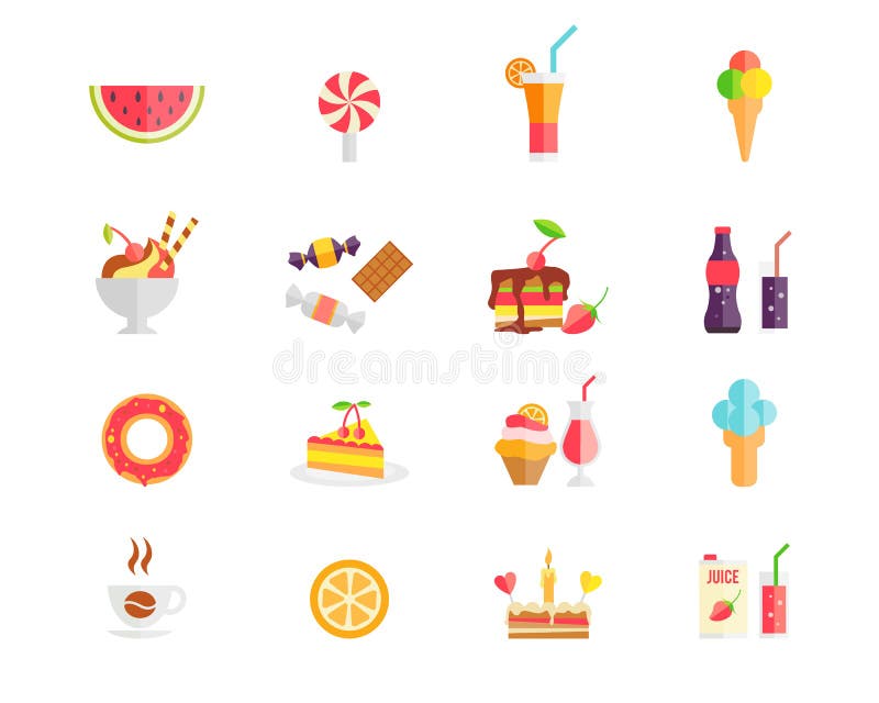 Grupo de ícones coloridos das sobremesas e dos bolos dos doces ilustração stock Grupo de ícones coloridos das sobremesas e dos bolos dos doces ilustração stock