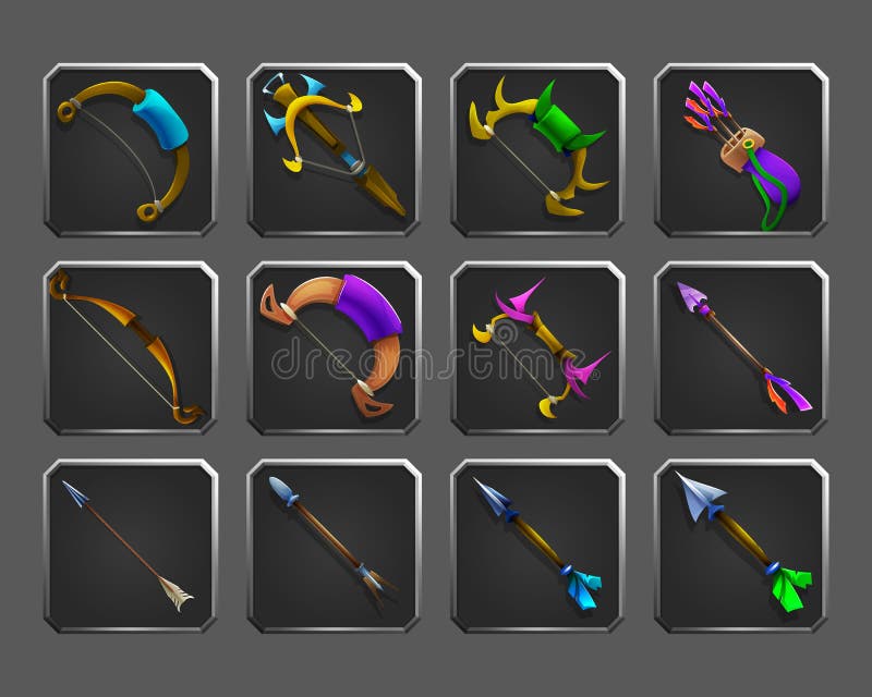 Grupo de ícones da decoração para jogos A coleção da curva medieval, besta, seta e treme ilustração do vetor Grupo de ícones da decoração para jogos A coleção da curva medieval, besta, seta e treme ilustração do vetor