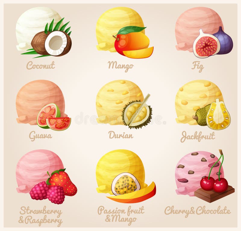 Set of cartoon vector icons. Ice cream scoops with different fruit and berry flavors. Coconut, mango, fig, guava, durian, jackfruit, strawberry and raspberry, mango and passion fruit, cherry and chocolate. Part 3. Set of cartoon vector icons. Ice cream scoops with different fruit and berry flavors. Coconut, mango, fig, guava, durian, jackfruit, strawberry and raspberry, mango and passion fruit, cherry and chocolate. Part 3