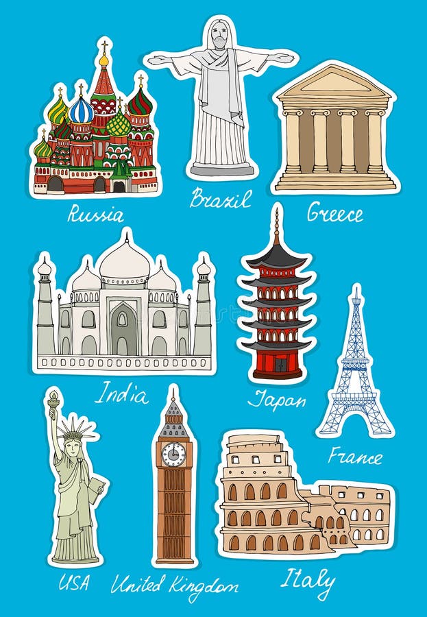 Conjunto de ícones vetoriais de marcos de viagem ilustração do vetor