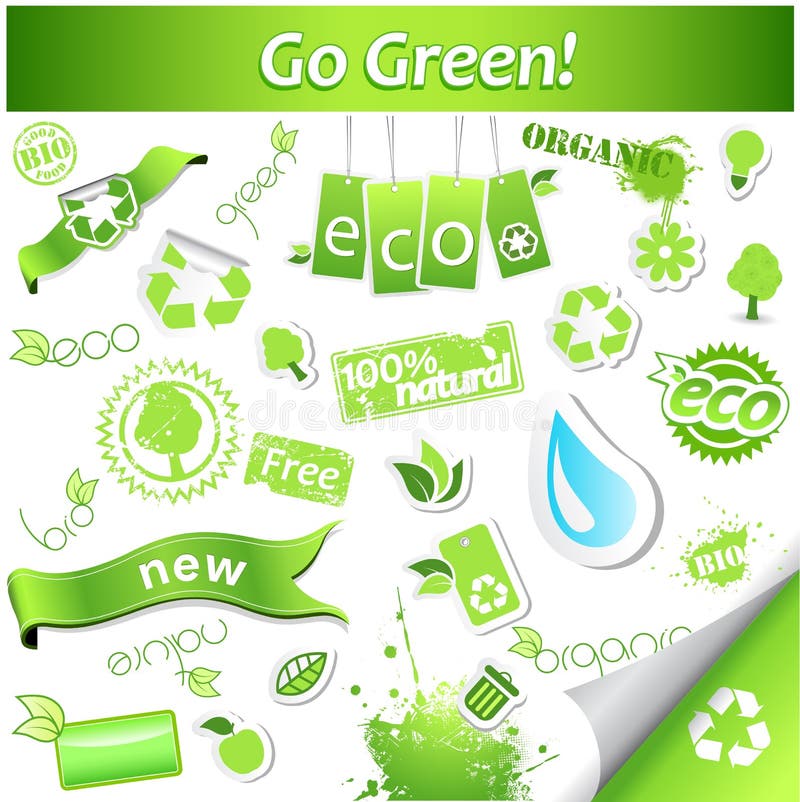 Grupo de ícones e de etiquetas verdes simples da ecologia do vetor ilustração do vetor Grupo de ícones e de etiquetas verdes simples da ecologia do vetor ilustração do vetor