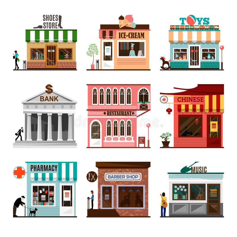 Grupo de ícones lisos das fachadas da construção de loja do vetor ilustração do vetor Grupo de ícones lisos das fachadas da construção de loja do vetor ilustração do vetor