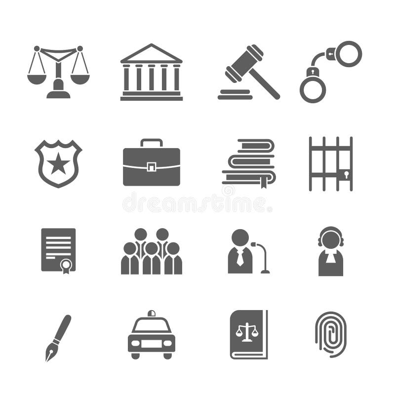 Grupo de ícones preto e branco da lei e da justiça O juiz, martelo, advogado, escala a corte, júri, xerifes, estrela, livros de l