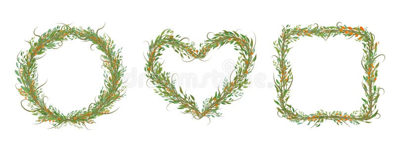 Grupo decorativo de círculo, de coração, de quadrado com bracnhes e de folhas ilustração stock Grupo decorativo de círculo, de coração, de quadrado com bracnhes e de folhas ilustração stock