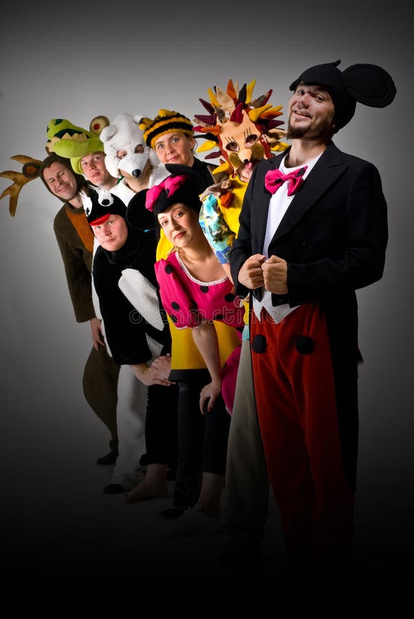 A theater group wearing various costumes. Included are Mickey and Minnie Mouse, Sonic the Hedgehog, the moose, a crocodile, polar bear, bumble bee and a penguin. A theater group wearing various costumes. Included are Mickey and Minnie Mouse, Sonic the Hedgehog, the moose, a crocodile, polar bear, bumble bee and a penguin.