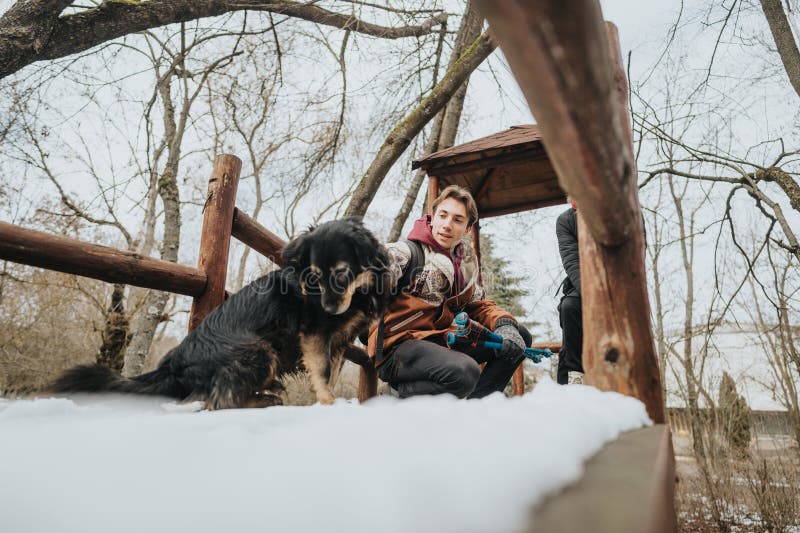 Grupo disfrutando al aire libre en invierno con un perro en un día nevado fotos de archivo