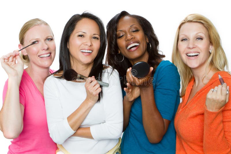 Diverse group of women putting on makeup isolated on white. Diverse group of women putting on makeup isolated on white.