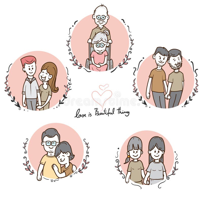 Grupo diverso dos pares dos desenhos animados bonitos, raça e alegre misturados, ilustração do conceito de LGBT, vetor ilustração do vetor Grupo diverso dos pares dos desenhos animados bonitos, raça e alegre misturados, ilustração do conceito de LGBT, vetor ilustração do vetor