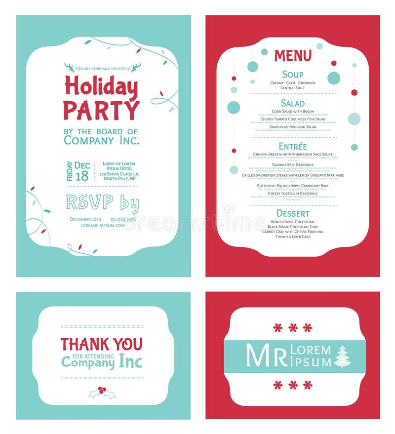 Vector Winter Holiday Party Invitation Set. Light blue. Red. Festive. Menu. Thank you card. Place card. graphic design. Vector Winter Holiday Party Invitation Set. Light blue. Red. Festive. Menu. Thank you card. Place card. graphic design