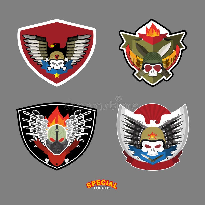Grupo do emblema do exército Crânio e injetores Ilustração do vetor ilustração stock Grupo do emblema do exército Crânio e injetores Ilustração do vetor ilustração stock