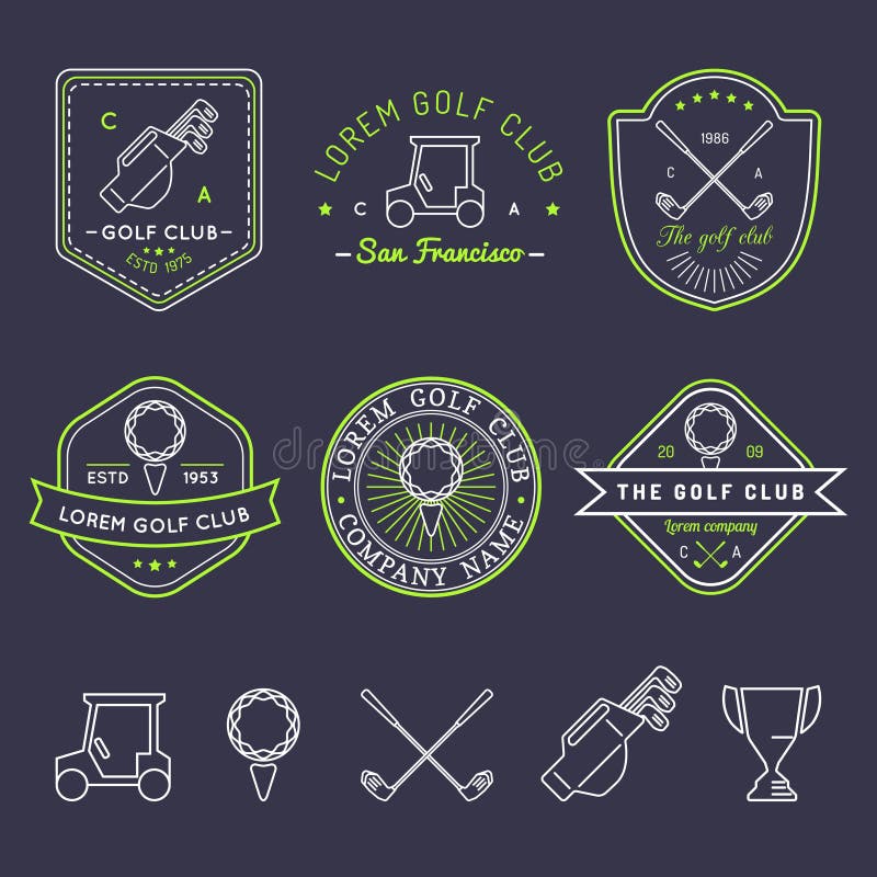 Grupo do logotipo do golfe do vetor Coleção linear das ilustrações do clube desportivo para ícones, crachás e etiquetas ilustração stock Grupo do logotipo do golfe do vetor Coleção linear das ilustrações do clube desportivo para ícones, crachás e etiquetas ilustração stock