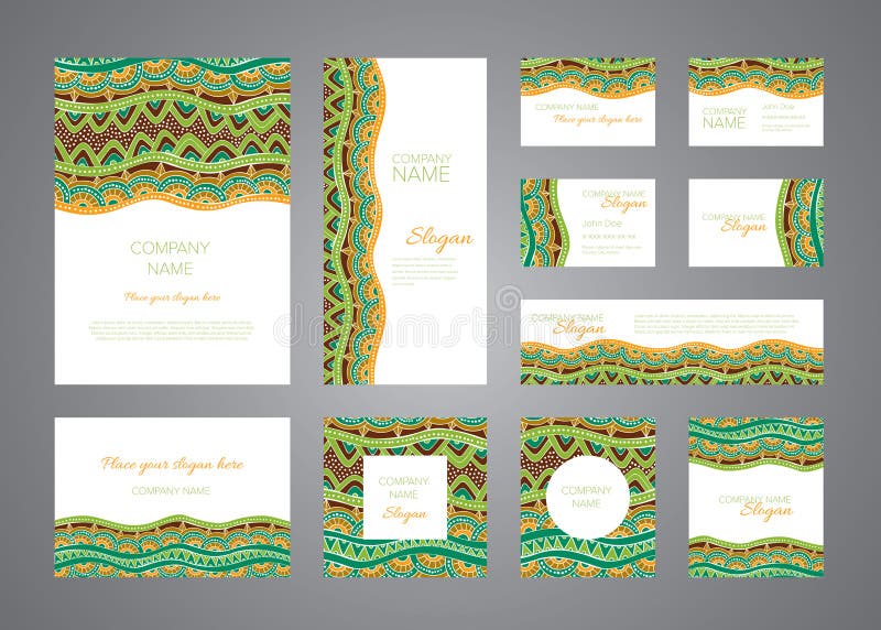Grupo do molde do vetor do projeto da identidade Ornamento verdes, marrons e alaranjados do mosaico ilustração stock Grupo do molde do vetor do projeto da identidade Ornamento verdes, marrons e alaranjados do mosaico ilustração stock