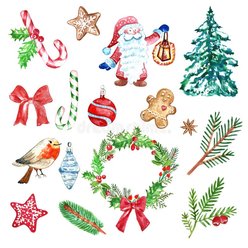 Grupo do Natal do inverno de elementos do feriado e dos colores dos símbolos, os verdes e os vermelhos ramos do abeto e do pinho, ilustração do vetor Grupo do Natal do inverno de elementos do feriado e dos colores dos símbolos, os verdes e os vermelhos ramos do abeto e do pinho, ilustração do vetor