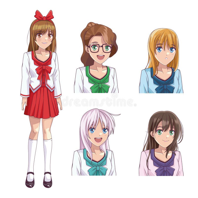 Grupo Do Perfil Das Jovens Mulheres Do Anime Ilustração do Vetor