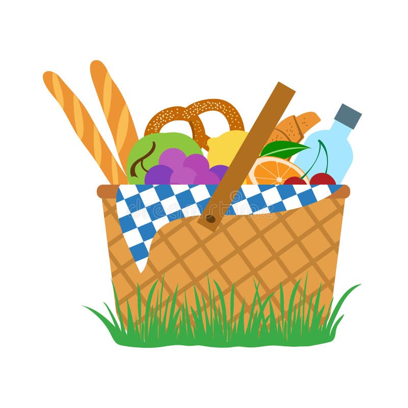 Grupo do piquenique: alimento e água em uma cesta, vetor ilustração do vetor Grupo do piquenique: alimento e água em uma cesta, vetor ilustração do vetor