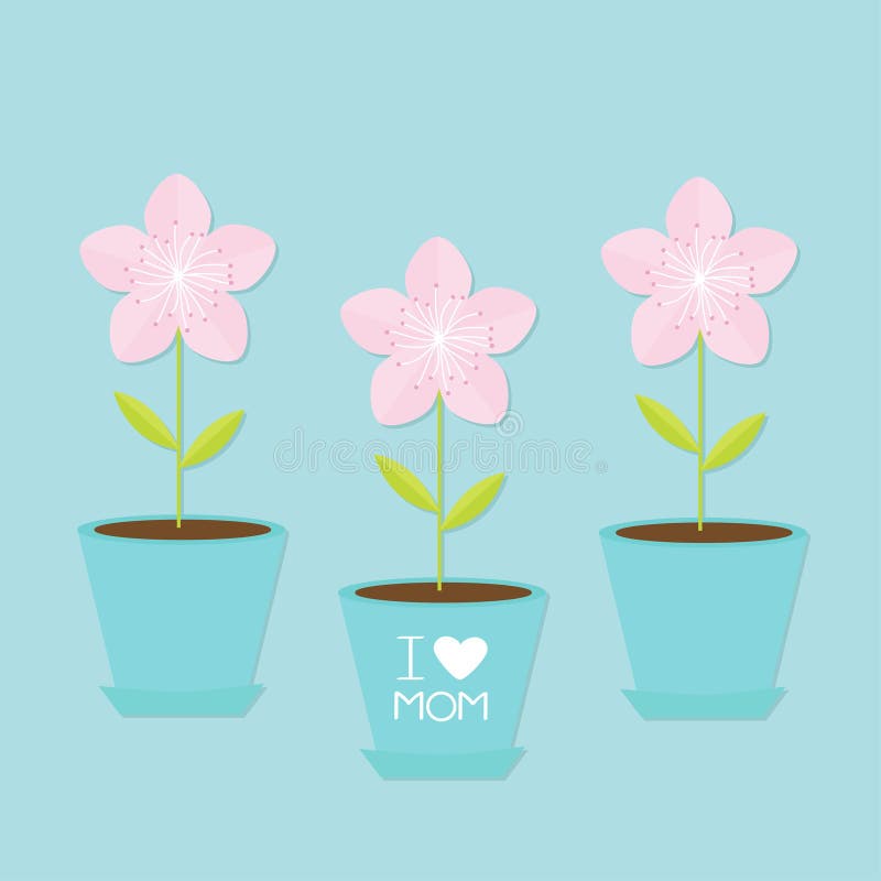 Grupo do potenciômetro de flor de Sakura Flor de cerejeira de florescência de Japão Fundo azul eu amo o texto feliz do dia de mãe ilustração royalty free Grupo do potenciômetro de flor de Sakura Flor de cerejeira de florescência de Japão Fundo azul eu amo o texto feliz do dia de mãe ilustração royalty free
