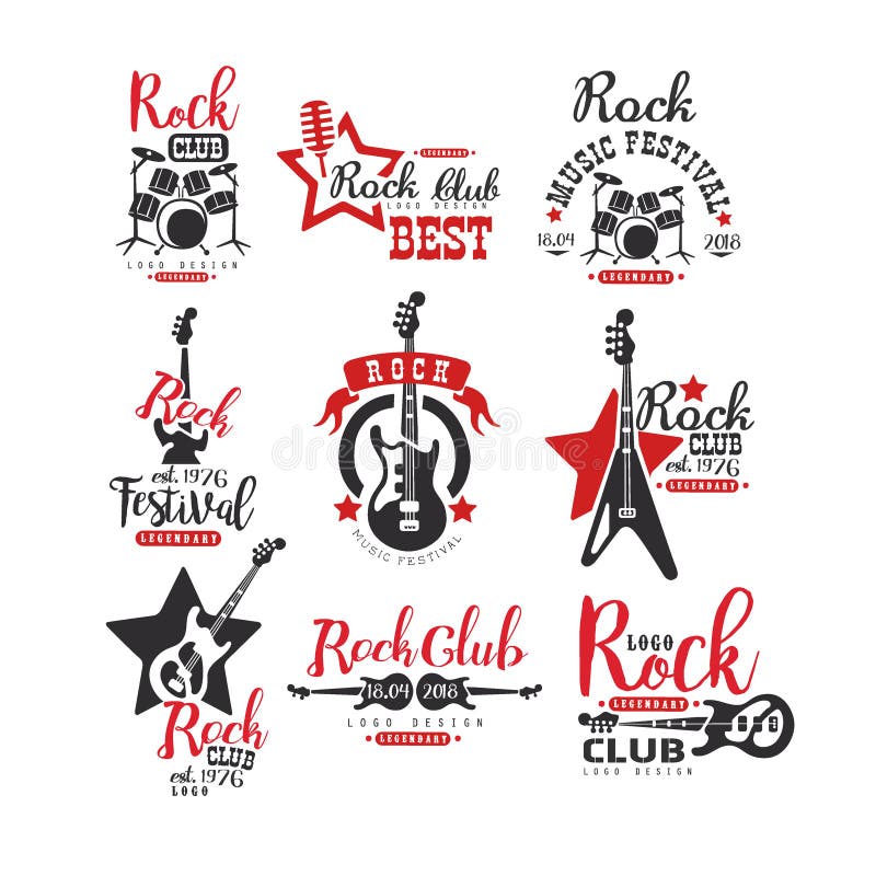 Grupo do projeto do logotipo do clube da rocha, etiqueta para ilustrações do vetor do festival de música em um fundo branco ilustração stock Grupo do projeto do logotipo do clube da rocha, etiqueta para ilustrações do vetor do festival de música em um fundo branco ilustração stock