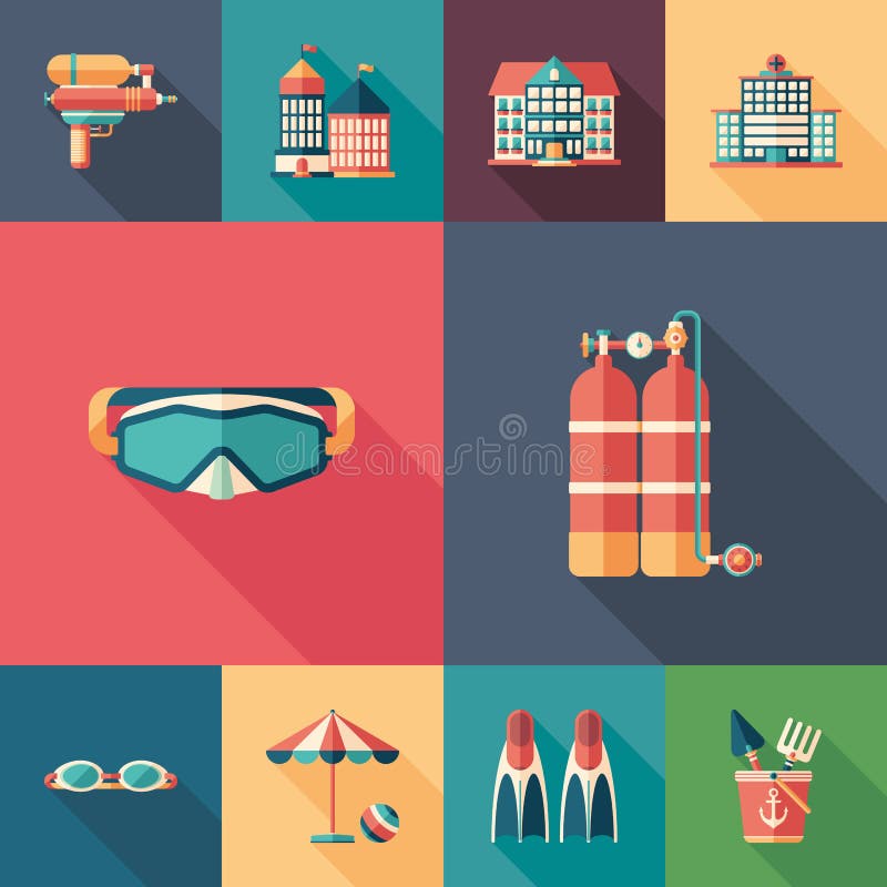 Grupo do resto do verão de ícones quadrados lisos com sombras longas ilustração royalty free Grupo do resto do verão de ícones quadrados lisos com sombras longas ilustração royalty free