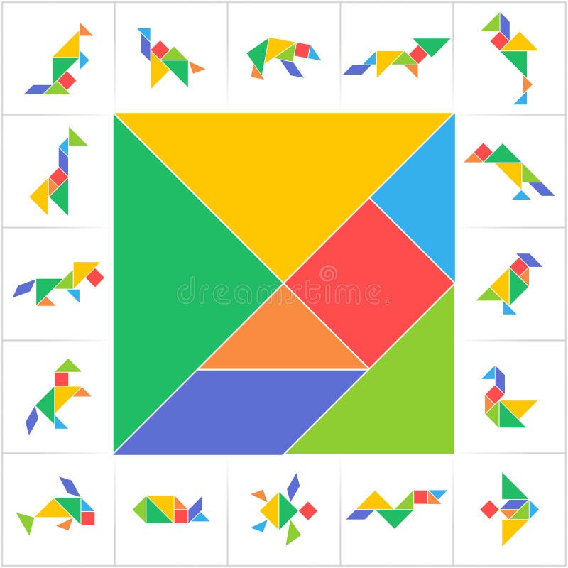 Grupo do Tangram, animais selvagens, pássaros, anfíbios e peixes ilustração do vetor Grupo do Tangram, animais selvagens, pássaros, anfíbios e peixes ilustração do vetor