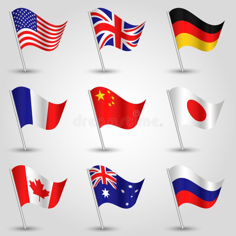 Grupo do vetor das bandeiras - americanas, o inglês, o alemão, o francês, o chinês, o japonês, o canadense, do australiano e do r ilustração royalty free