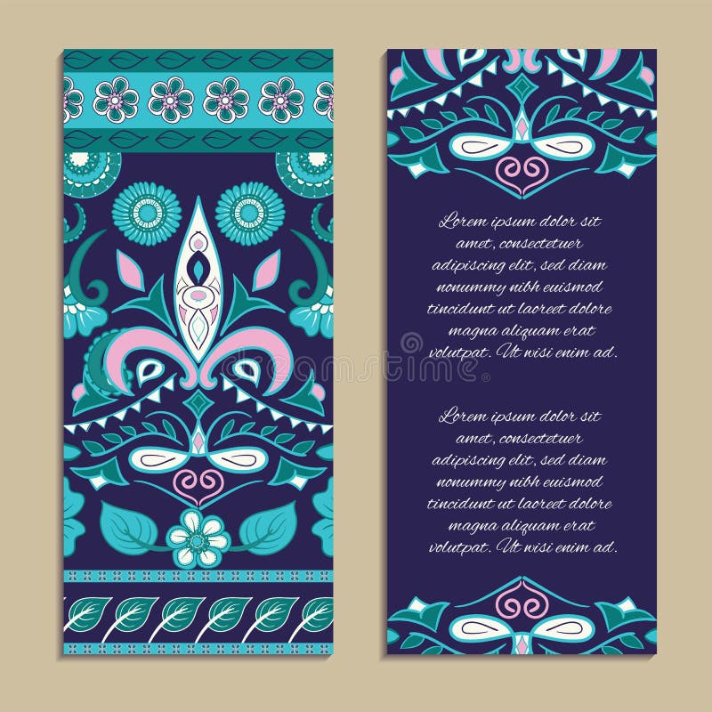 Grupo do vetor de bandeiras verticais coloridas para o neg?cio e o convite. Ornamento étnico indiano kalamkari. Teste padr?o flor ilustração do vetor Grupo do vetor de bandeiras verticais coloridas para o neg?cio e o convite. Ornamento étnico indiano kalamkari. Teste padr?o flor ilustração do vetor