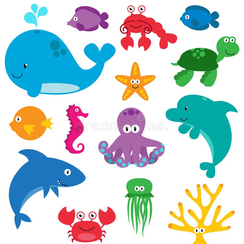 Grupo do vetor de criaturas bonitos do mar ilustração royalty free Grupo do vetor de criaturas bonitos do mar ilustração royalty free