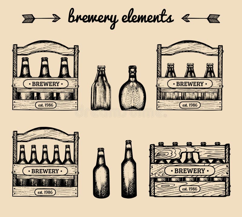 Grupo do vetor de elementos da cervejaria do vintage A coleção retro com cerveja, cerveja pilsen, cerveja inglesa assina Caixas o ilustração stock Grupo do vetor de elementos da cervejaria do vintage A coleção retro com cerveja, cerveja pilsen, cerveja inglesa assina Caixas o ilustração stock