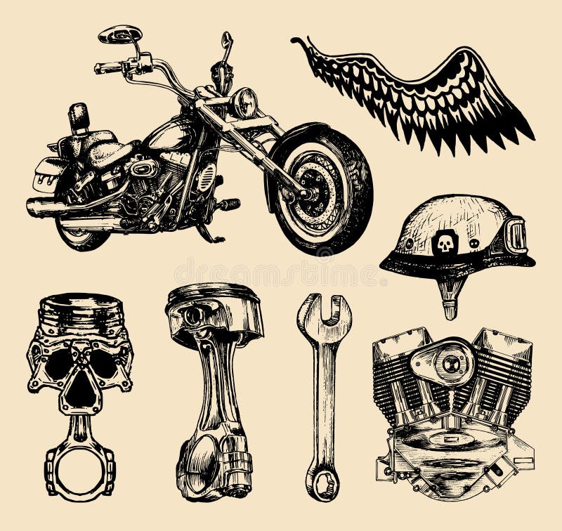 Estilo de desenho manual de elemento de motocicleta vintage de coleção