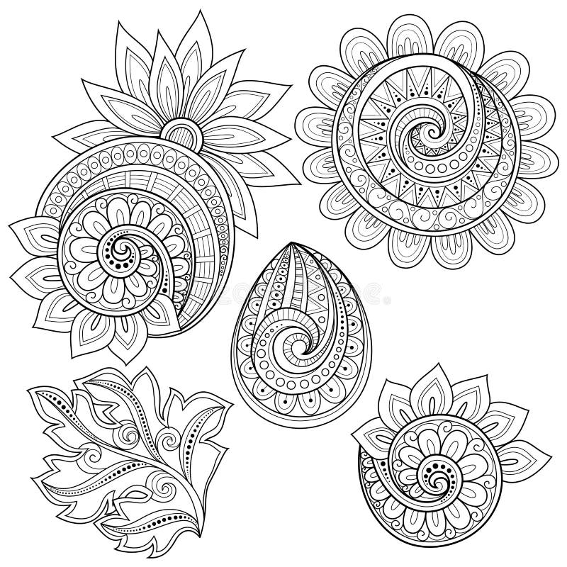 Grupo do vetor de garatujas florais do contorno monocromático ilustração stock Grupo do vetor de garatujas florais do contorno monocromático ilustração stock
